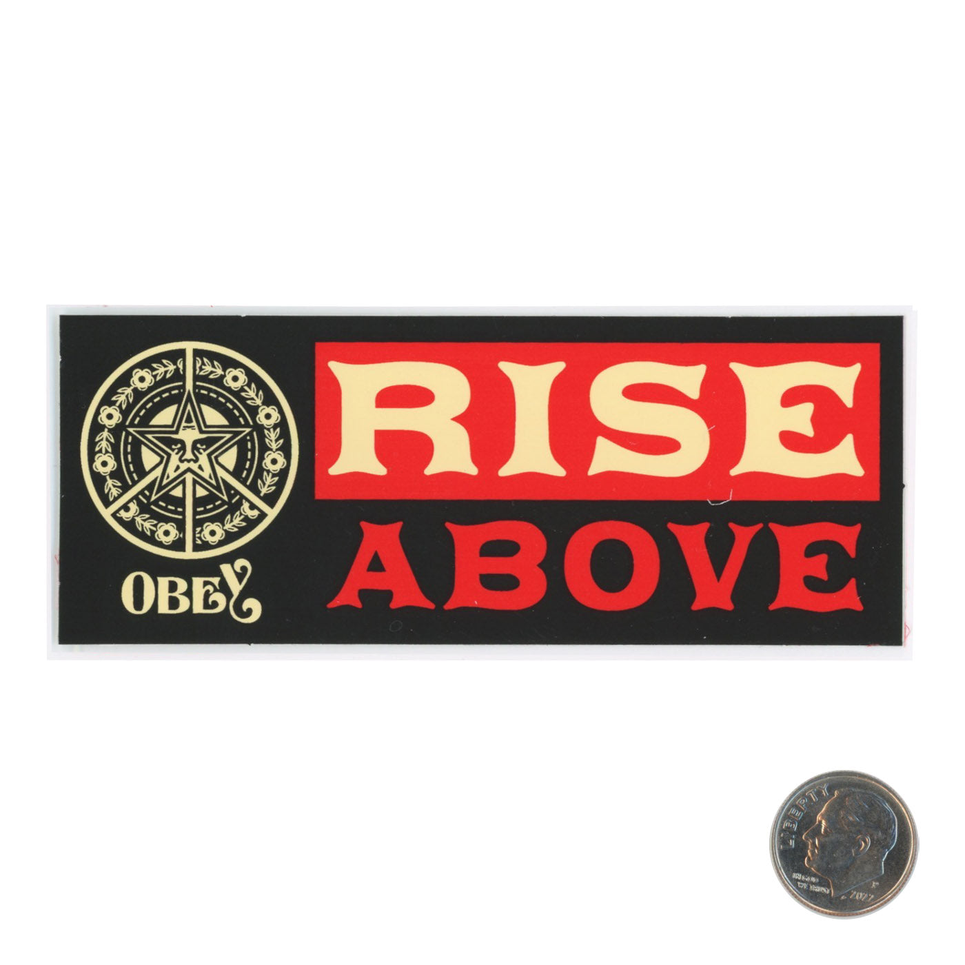 Shepard Fairey OBEY Rise Above Red Black Sticker with dime