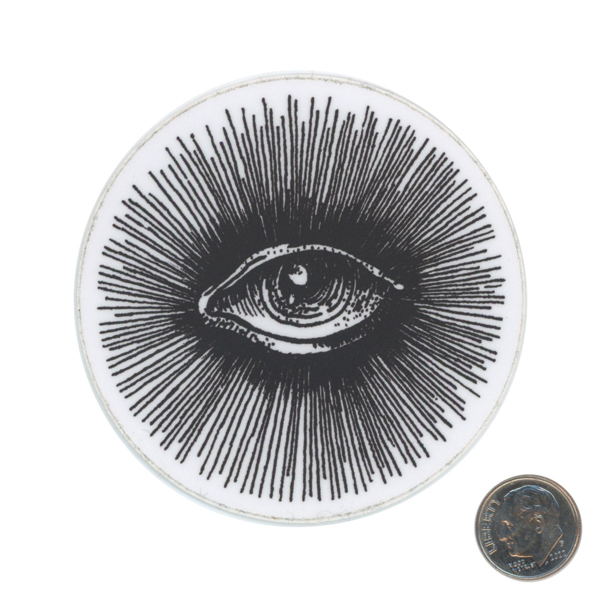 The Hunt NYC Eye Logo Black and White Sticker Large with dime